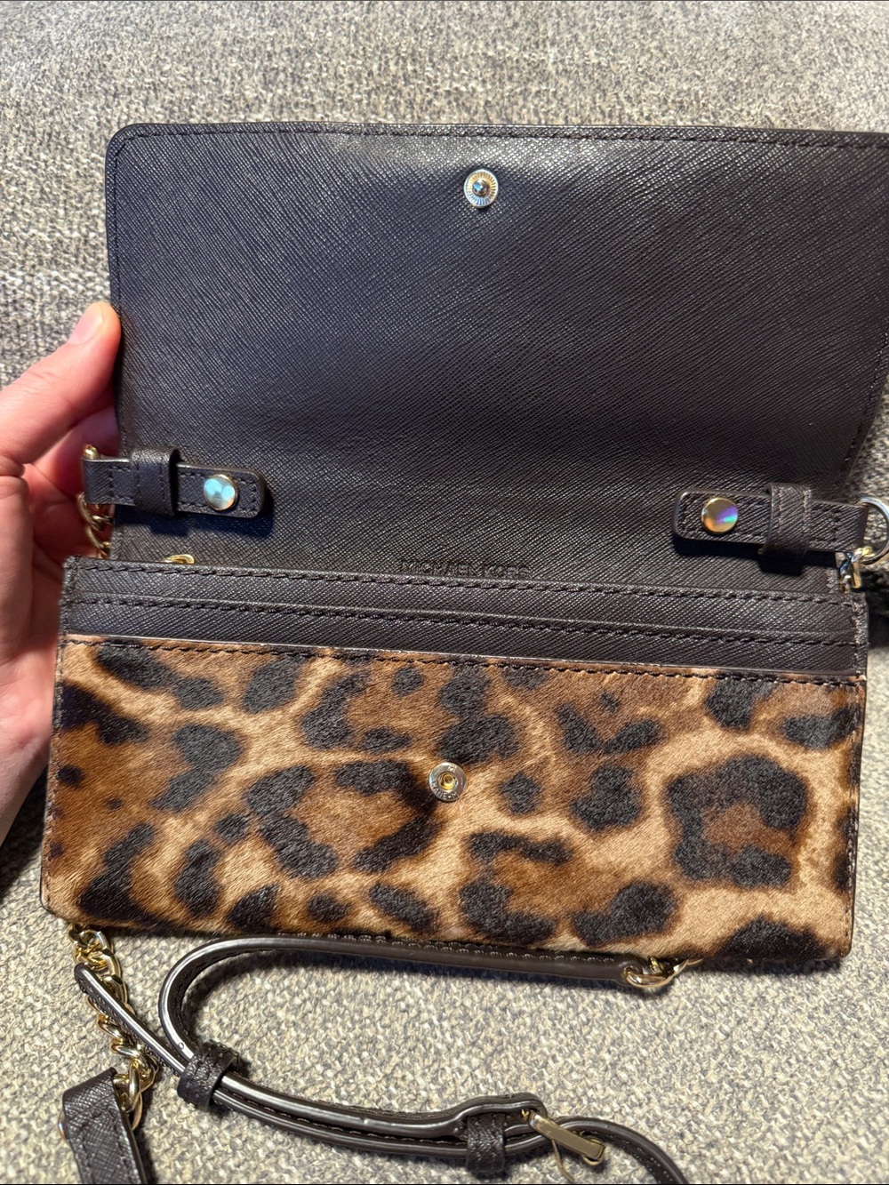 Michael Kors Leopard Print Crossbody Clutch in Brown and Black with Gold Chain - Picture 4 of 5